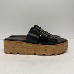 Franco Sarto Black Leather Cork Platform Slide Sandals Gold Buckle Size 7.5